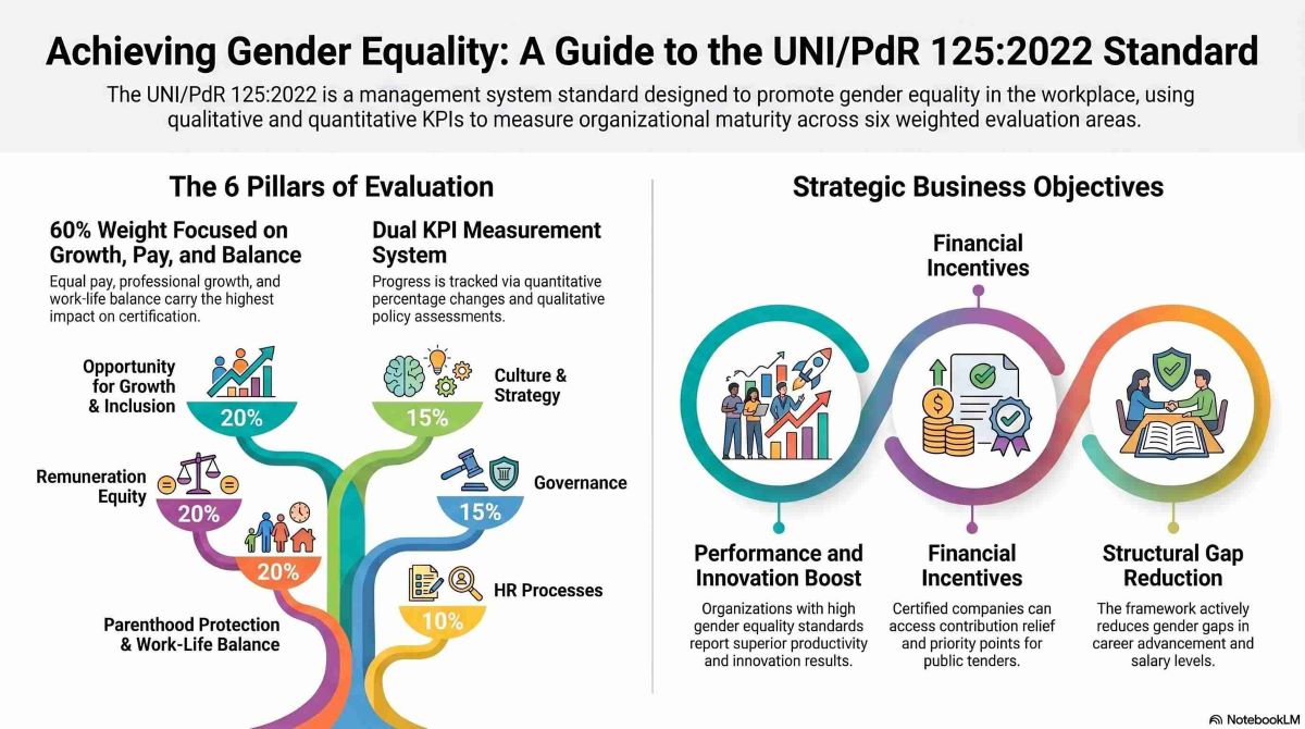 Detailed infographic on KPIs and objectives for the 2026 Gender Equality Certification: outline of the required performance indicators.